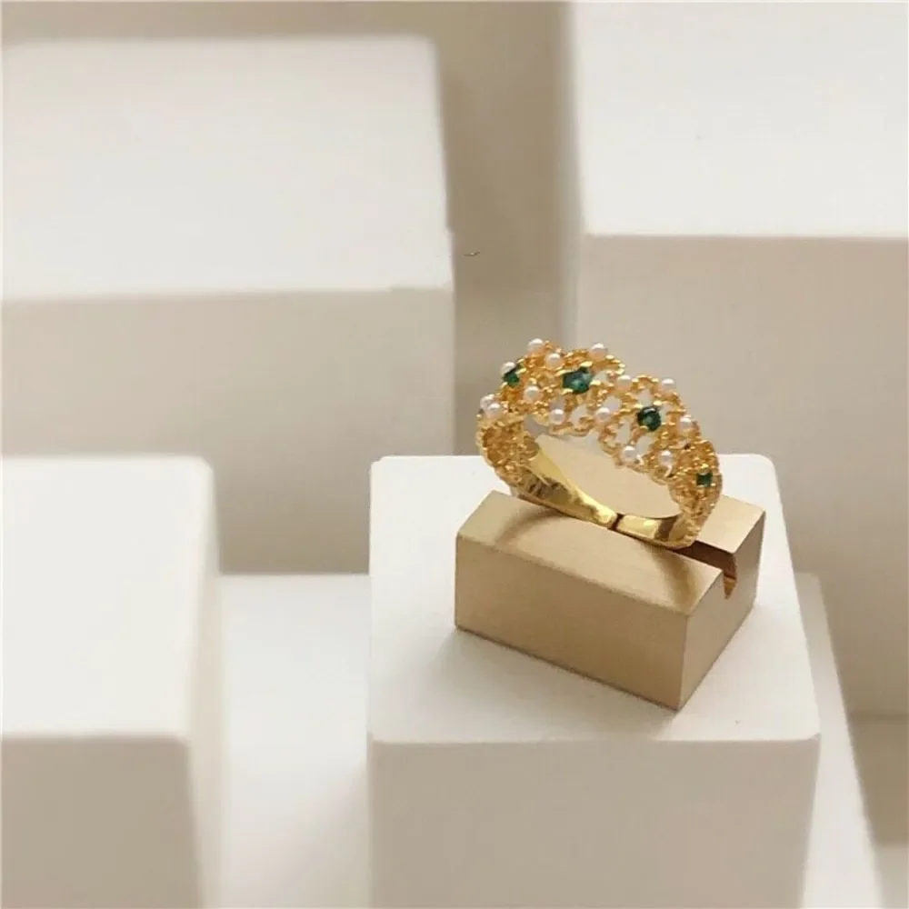 18K Gold Plated Filigree Lace Cutout Emerald Green Pearl Open Statement Ring